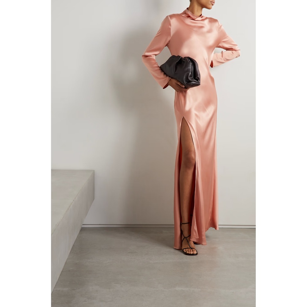 Lapointe Draped Satin Gown Womens Sz 12 Dune Rose Long Slv Mockneck Dress $1900